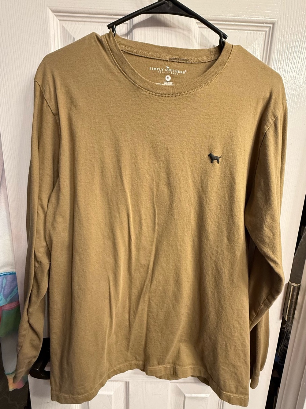 Simply Southern Men's Long Sleeve Crewneck Shirt in Tan with Dog Logo